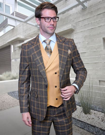 Statement Mens 100% Wool 3-Piece Suit Modern Fit with Wide Peak Lapel