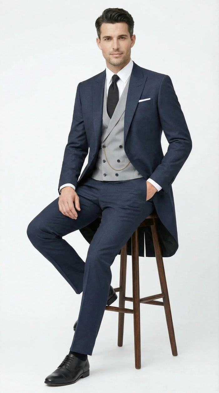 Mens Navy Blue Three Piece Formal Suit Cutaway Tuxedo Blazer Trousers for Wedding Tailcoat