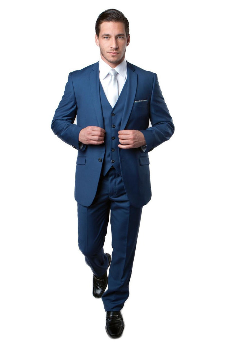 Indigo Blue Slim Fit Men's Wedding Suit with Two Button Vest - 34 Short