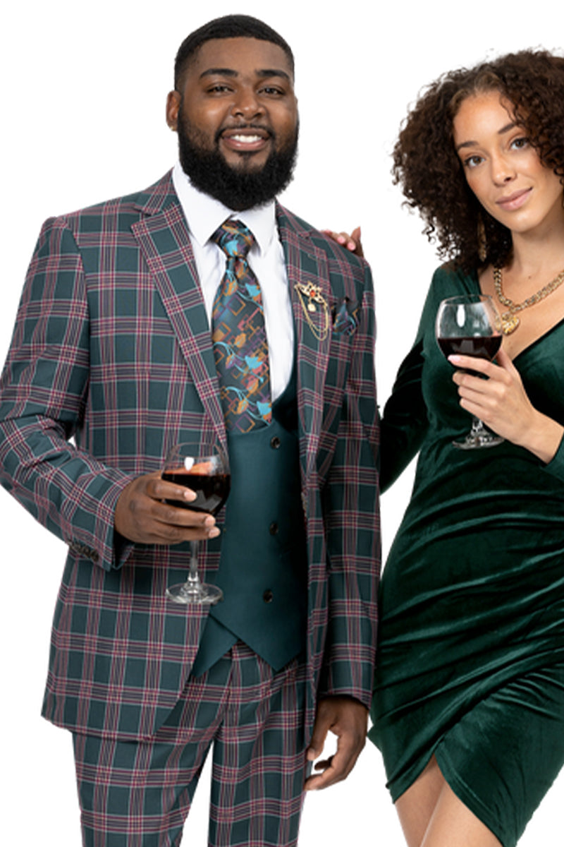 "Double Breasted Modern Fit Men's Vest Suit - Forest Green & Red Plaid"