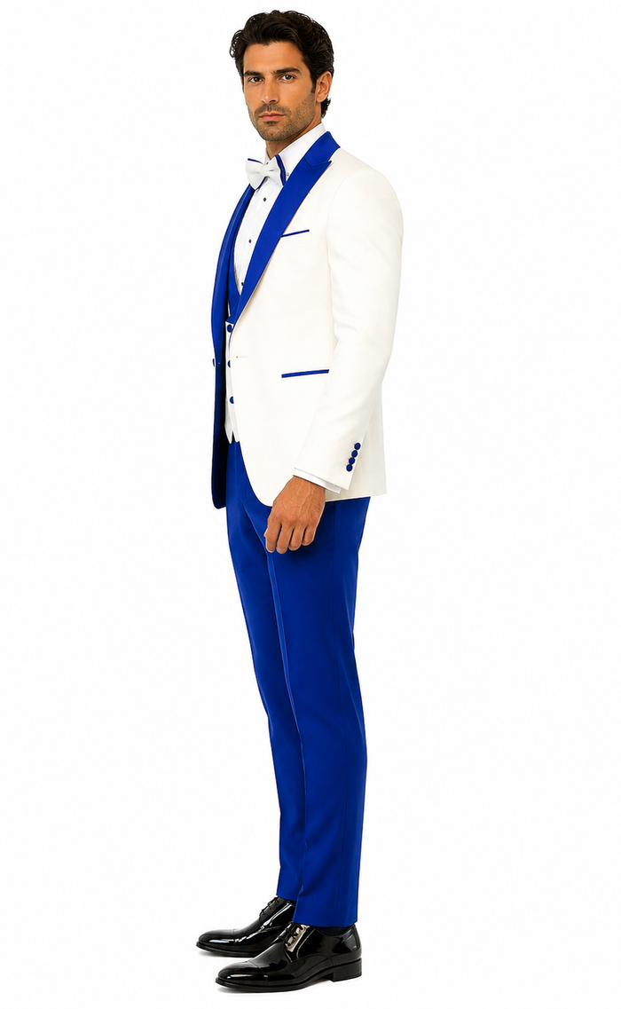 Hilton White and Royal Blue Paisley Peak Lapel Tuxedo Jacket with Matching Shawl Vest and Wool Pants Includes Bow Tie