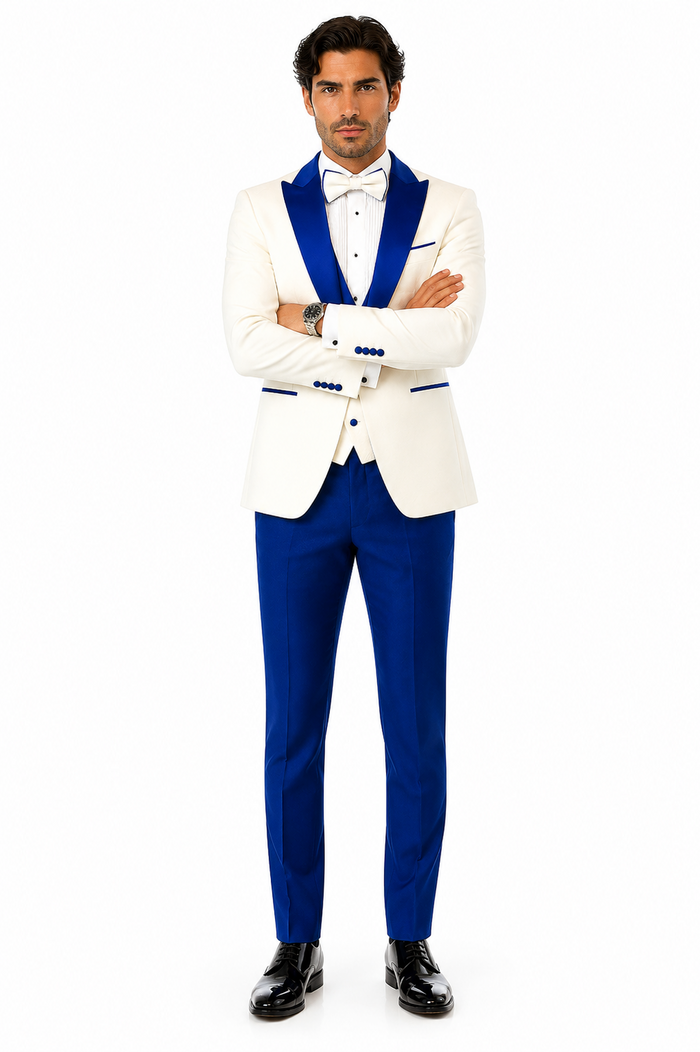 Hilton White and Royal Blue Paisley Peak Lapel Tuxedo Jacket with Matching Shawl Vest and Wool Pants Includes Bow Tie