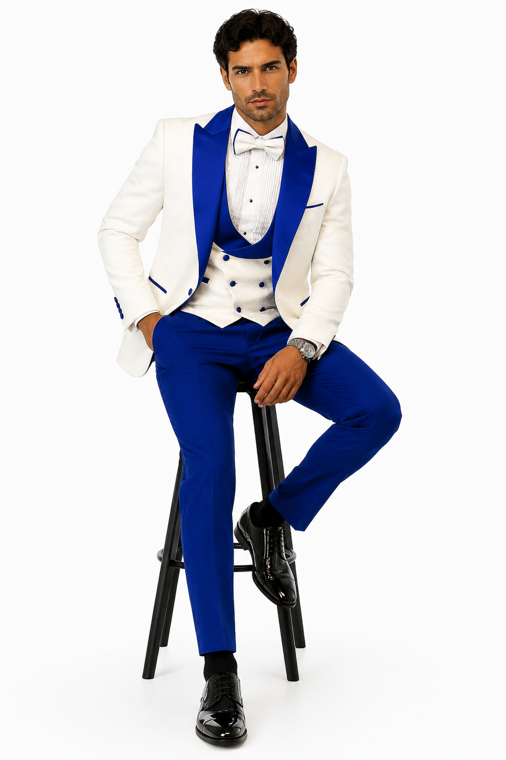 Hilton White and Royal Blue Paisley Peak Lapel Tuxedo Jacket with Matching Shawl Vest and Wool Pants Includes Bow Tie
