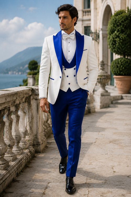 Hilton White and Royal Blue Paisley Peak Lapel Tuxedo Jacket with Matching Shawl Vest and Wool Pants Includes Bow Tie