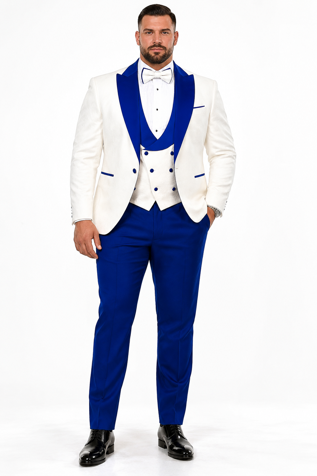 Hilton White and Royal Blue Paisley Peak Lapel Tuxedo Jacket with Matching Shawl Vest and Wool Pants Includes Bow Tie - 34 Short or Extra Small