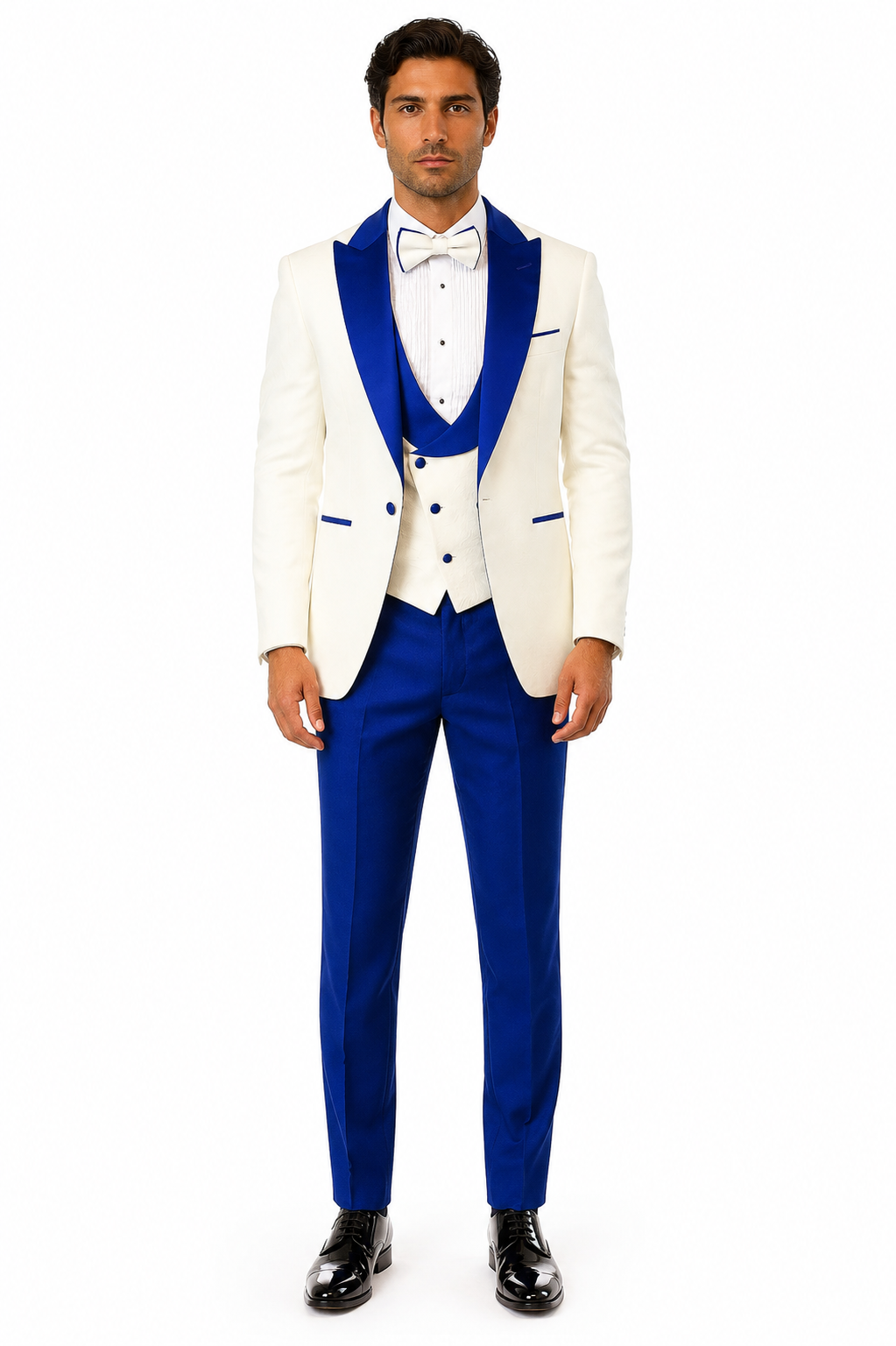 Hilton White and Royal Blue Paisley Peak Lapel Tuxedo Jacket with Matching Shawl Vest and Wool Pants Includes Bow Tie - 34 Short or Extra Small