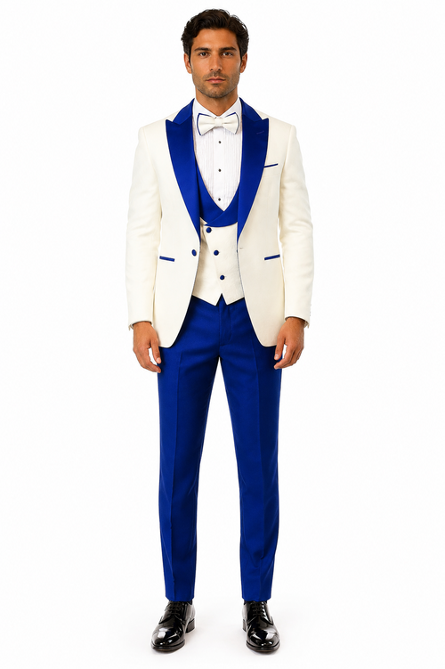 Hilton White and Royal Blue Paisley Peak Lapel Tuxedo Jacket with Matching Shawl Vest and Wool Pants Includes Bow Tie