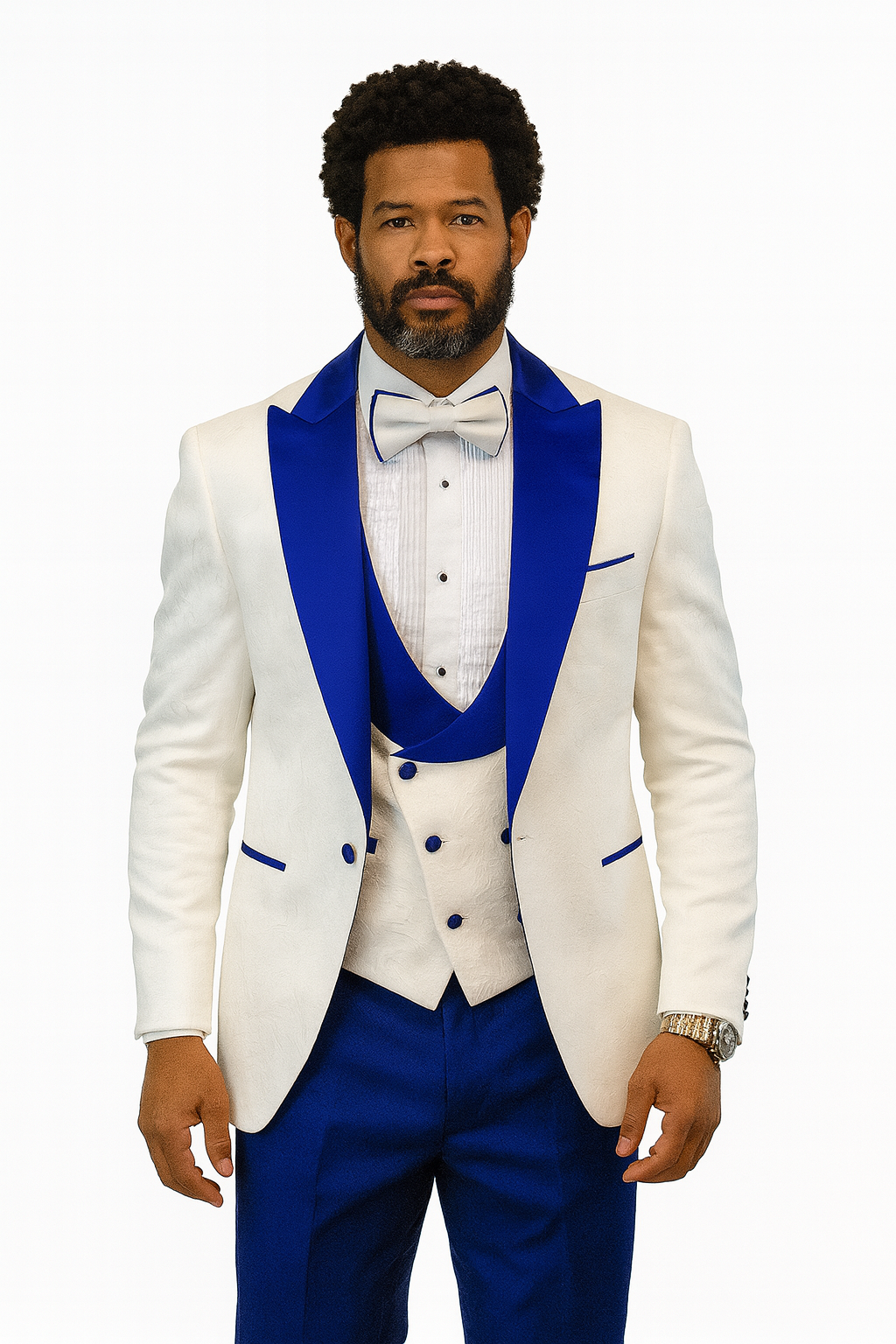 Hilton White and Royal Blue Paisley Peak Lapel Tuxedo Jacket with Matching Shawl Vest and Wool Pants Includes Bow Tie - 34 Short or Extra Small