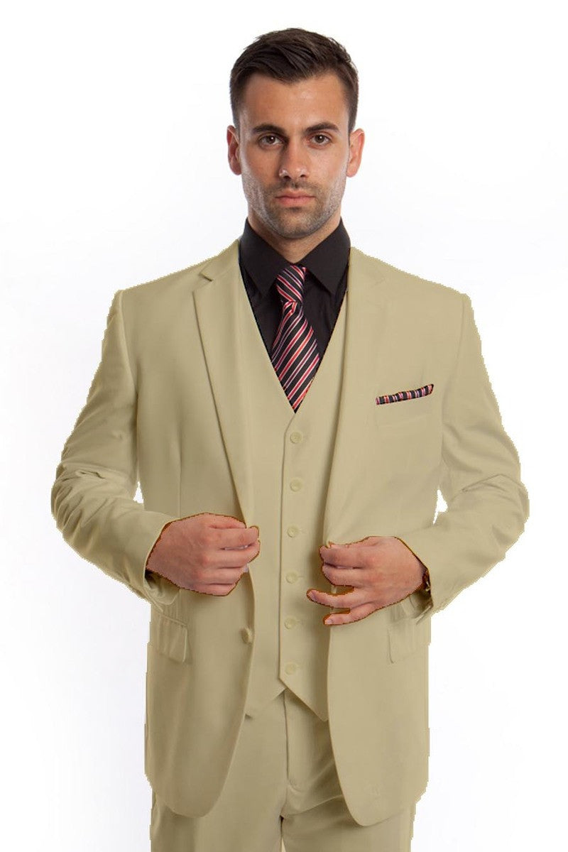 "Men's Solid Color Two-Button Vested Suit for Wedding & Business - Sand"