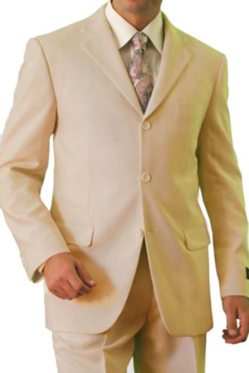 "Tan Poplin Suit for Men - Basic Three Button Style"