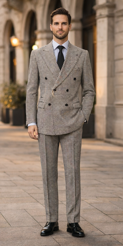 Houndstooth Double Breasted Suit - Wool Fabric Black and White Patterned Checkered Suit-New Designer Collection