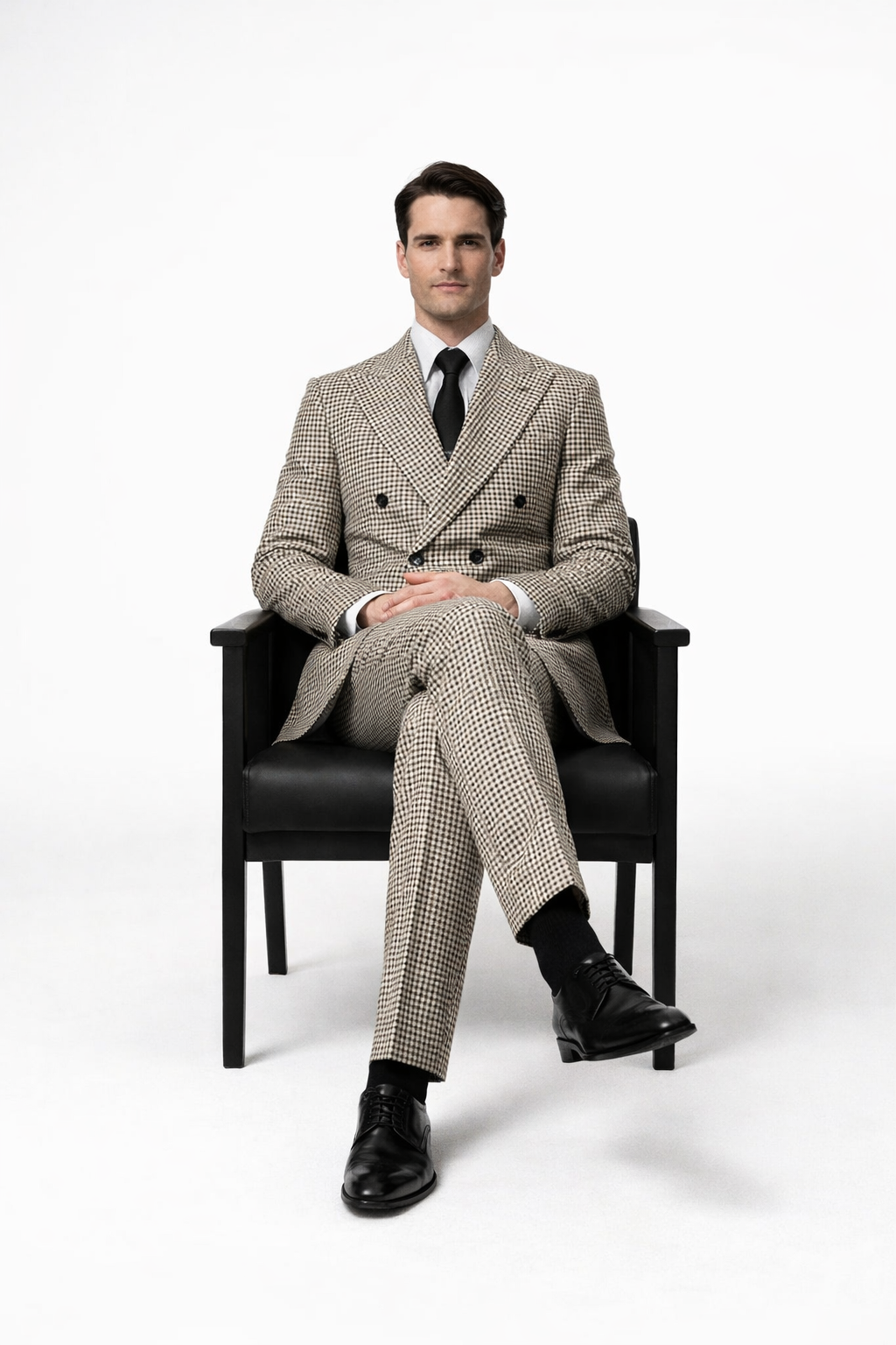 Houndstooth Double Breasted Suit - Wool Fabric Black and White Patterned Checkered Suit-New Designer Collection - 38 Short Jacket+32 Waist Adjustable 28to34)(Height: 5 4 to5 7 )(Neck  15-16.5)S-M)