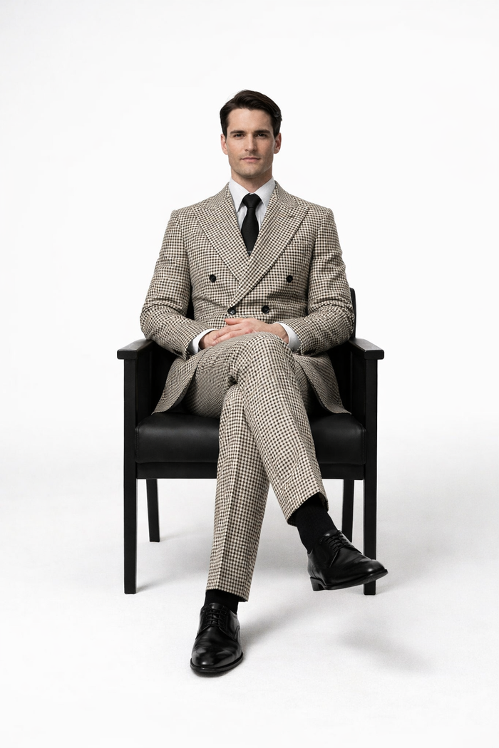 Houndstooth Double Breasted Suit - Wool Fabric Black and White Patterned Checkered Suit-New Designer Collection