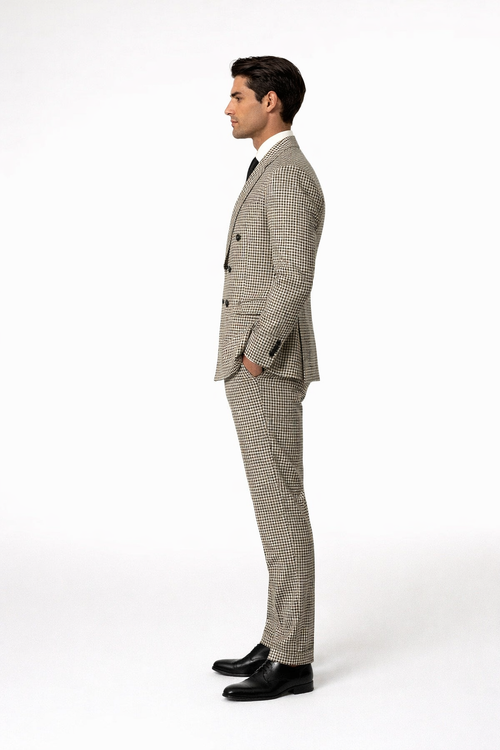 Houndstooth Double Breasted Suit - Wool Fabric Black and White Patterned Checkered Suit-New Designer Collection