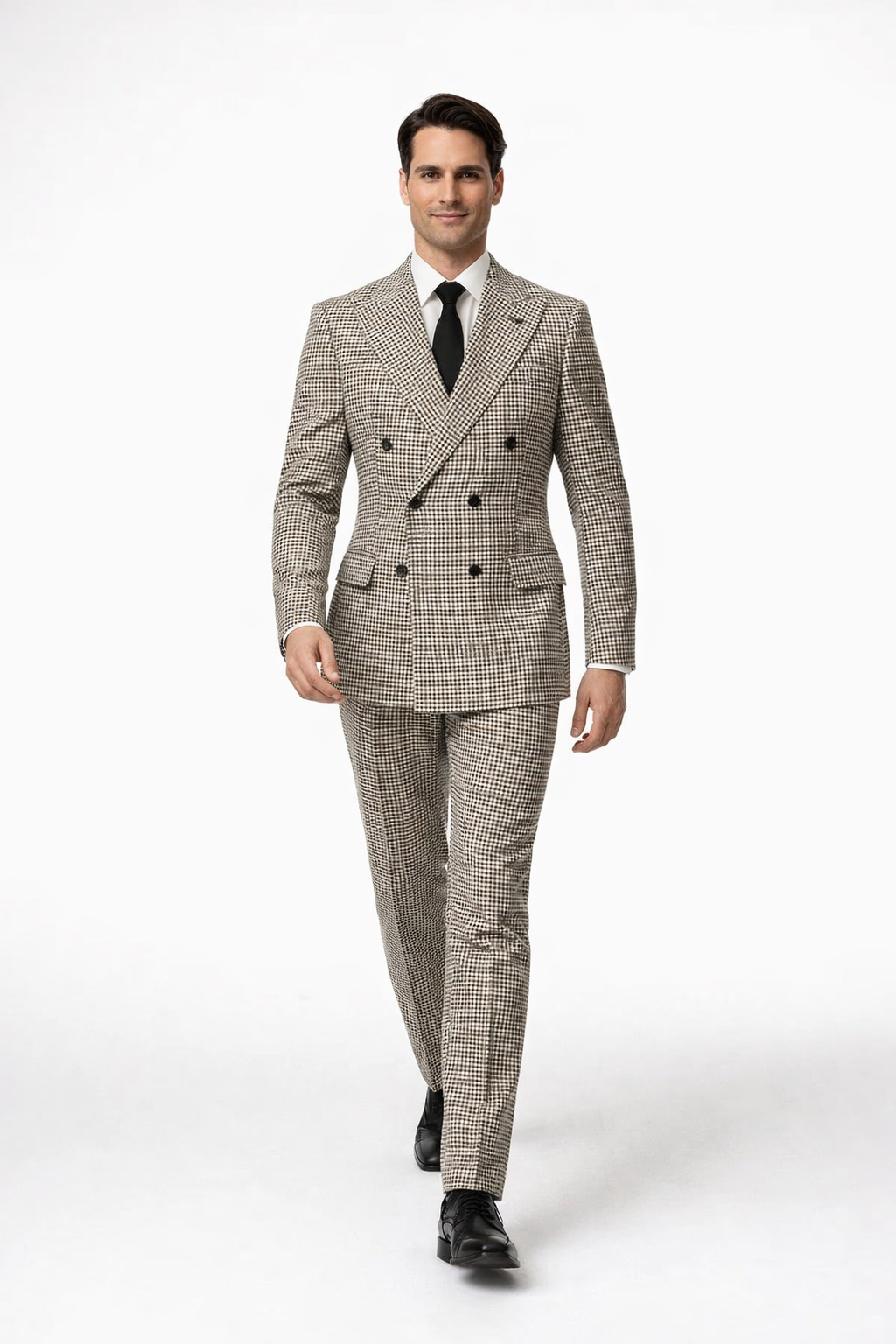 Houndstooth Double Breasted Suit - Wool Fabric Black and White Patterned Checkered Suit-New Designer Collection - 38 Short Jacket+32 Waist Adjustable 28to34)(Height: 5 4 to5 7 )(Neck  15-16.5)S-M)