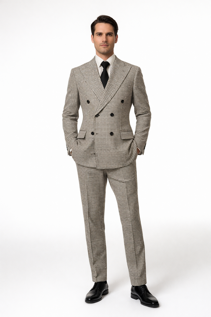 Houndstooth Double Breasted Suit - Wool Fabric Black and White Patterned Checkered Suit-New Designer Collection