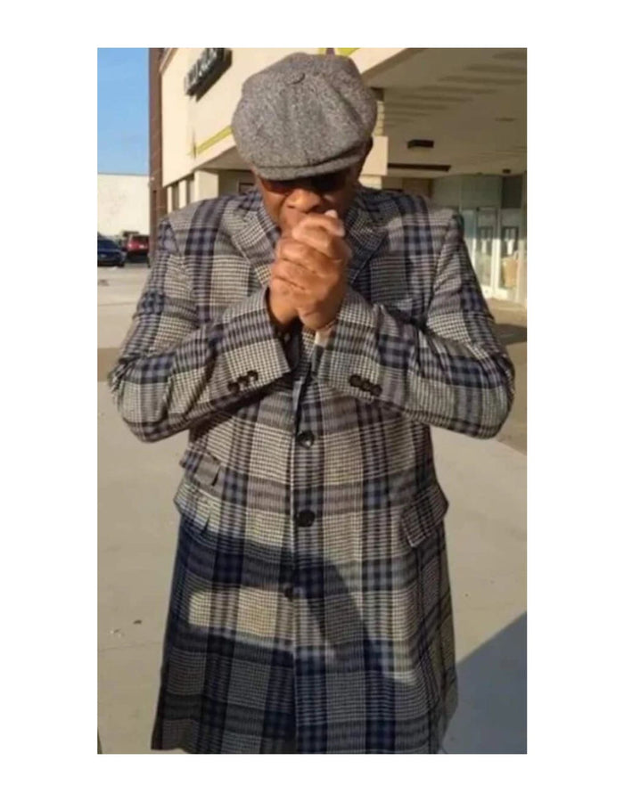 Houndstooth Overcoat - With Blue Plaid Pattern Coat - Wool Fabric Topcoat