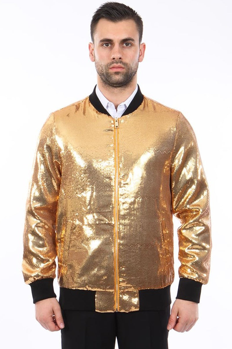 Gold Sequin Bomber Jacket for Men - Shiny Party Wear