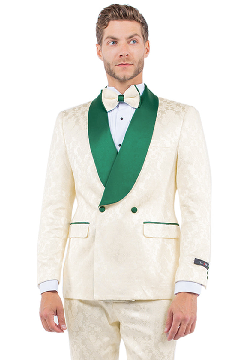 Emerald Green & Ivory Men's Slim Fit Paisley Tuxedo - Double Breasted Smoking Jacket for Prom & Wedding