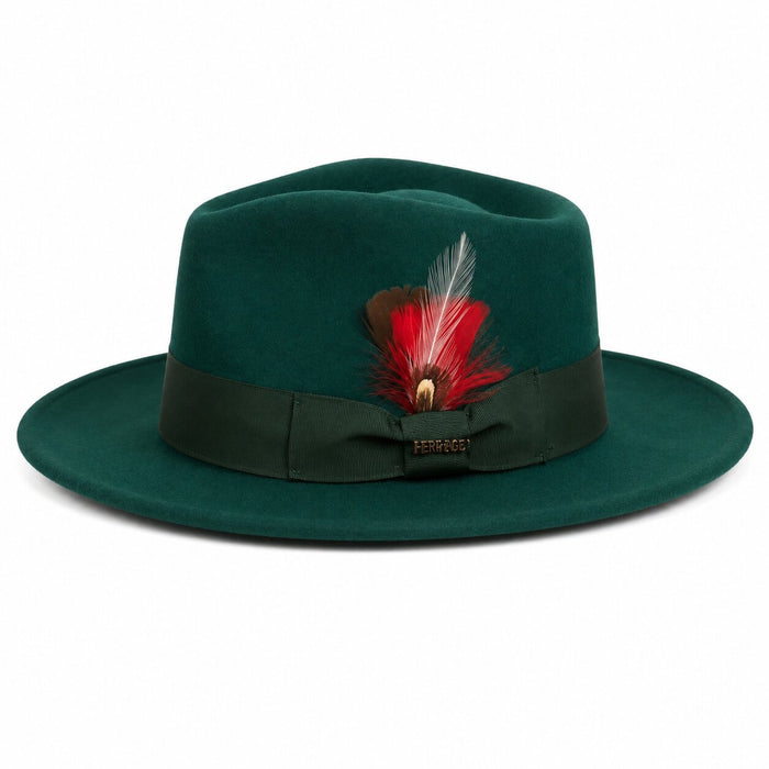 Gangster 100% Austrailian Wool Crushable Mens Fedora Hat - Removable Feather Gangster Hunter Green Mens Fedora Hat-New Designer Collection