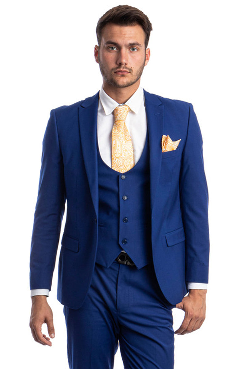 Indigo Blue Men's Skinny Wedding & Prom Suit with One Button Peak Lapel & Lowcut Vest