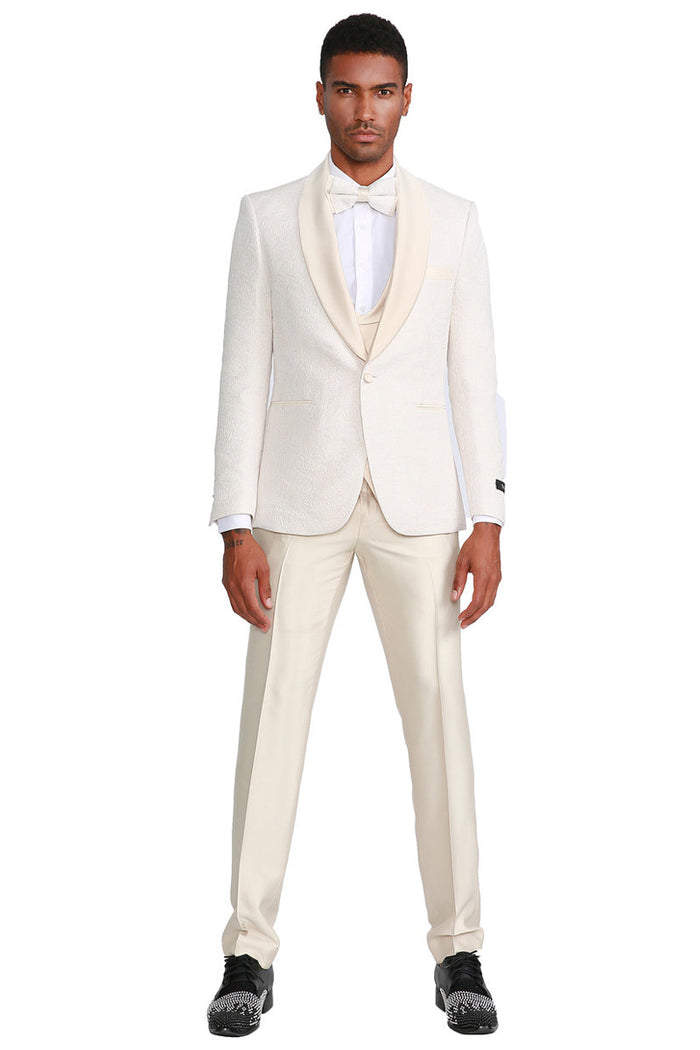 Ivory Paisley Wedding Tuxedo for Men - One Button Vested Prom 2026 homecoming Suit with Satin Vest and Pants