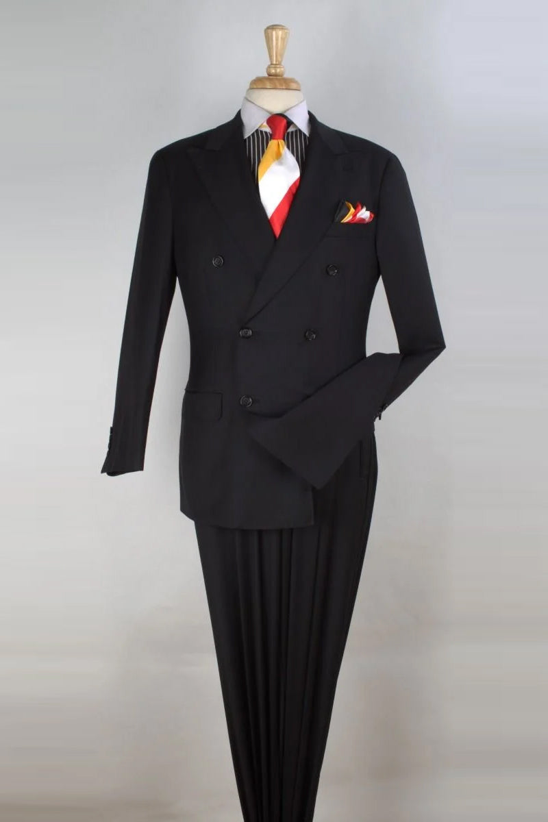 "Classic Fit Men's Double Breasted Suit - 100% Super 150's Wool, Black" - 36 Regular