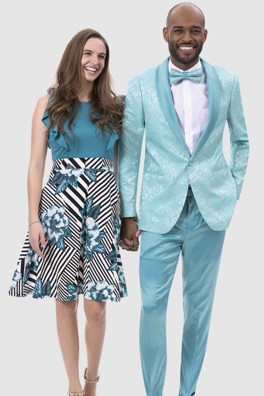 "Teal Blue Slim Fit Men's Prom 2025 Tuxedo - Two Piece Paisley Floral Pattern"