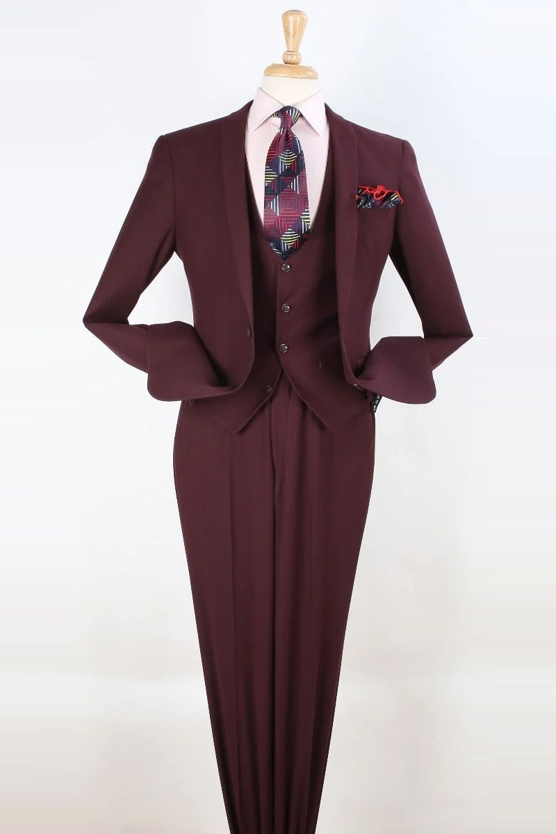 "Burgundy Slim Fit Men's Suit - One Button, Vested Peak Lapel" - 34 Regular
