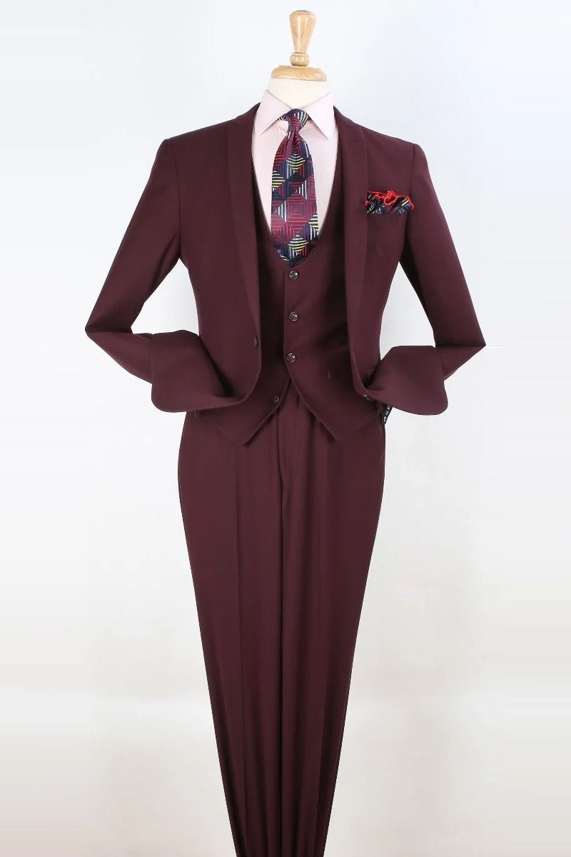 "Burgundy Slim Fit Men's Suit - One Button, Vested Peak Lapel"
