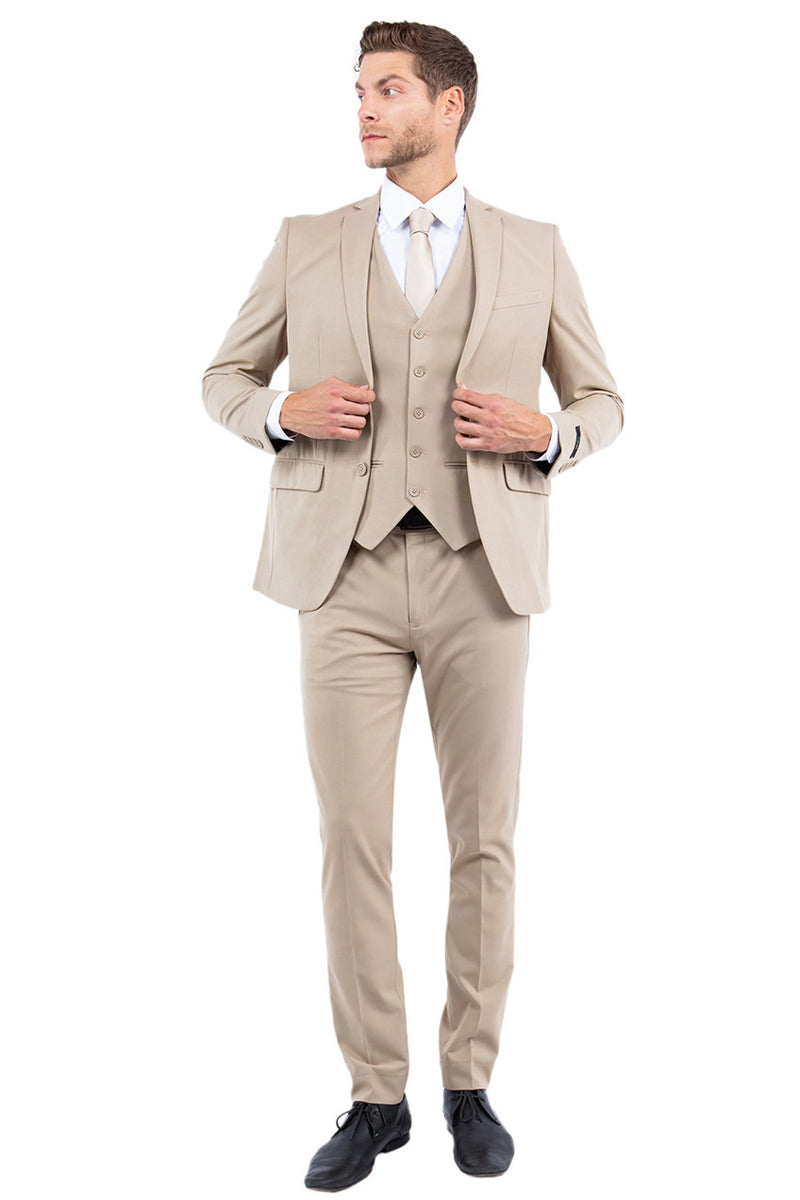 "Men's Slim Fit One Button Vested Business & Wedding Suit - Tan" - 34 Short