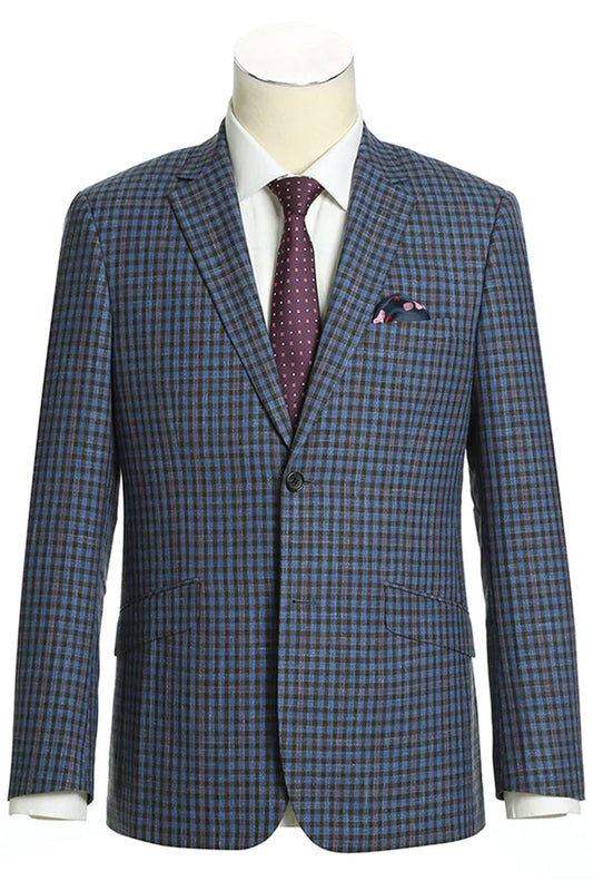 Slim Fit Wool Sport Coat Blazer for Men - Navy Blue & Burgundy Mini Check