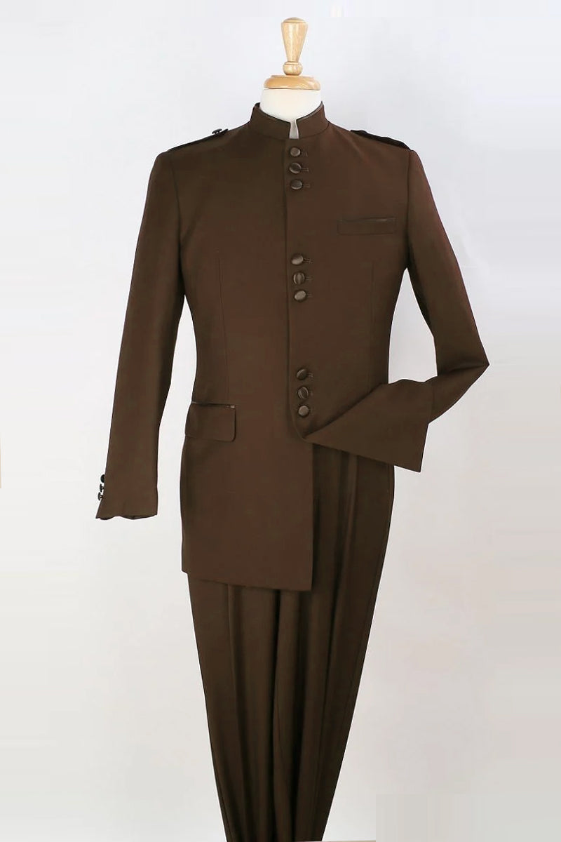 "Mens Classic Brown Safari Suit - Military Banded Collar Mandarin Style"