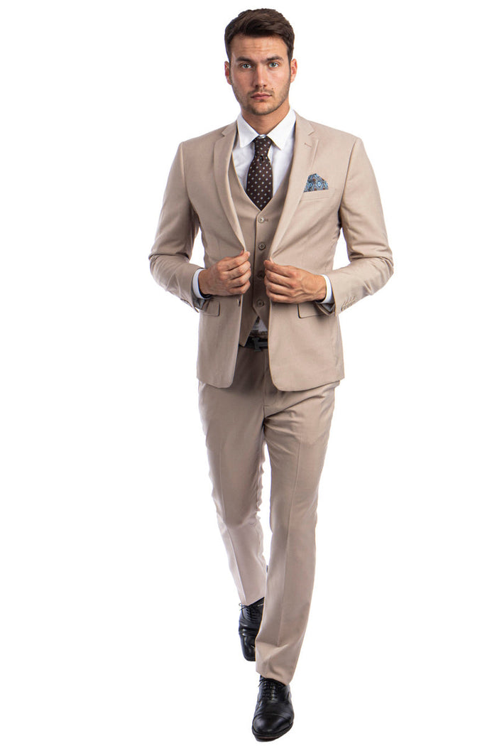 "Men's Slim Fit Two Button Vested Suits - Solid Medium Tan"