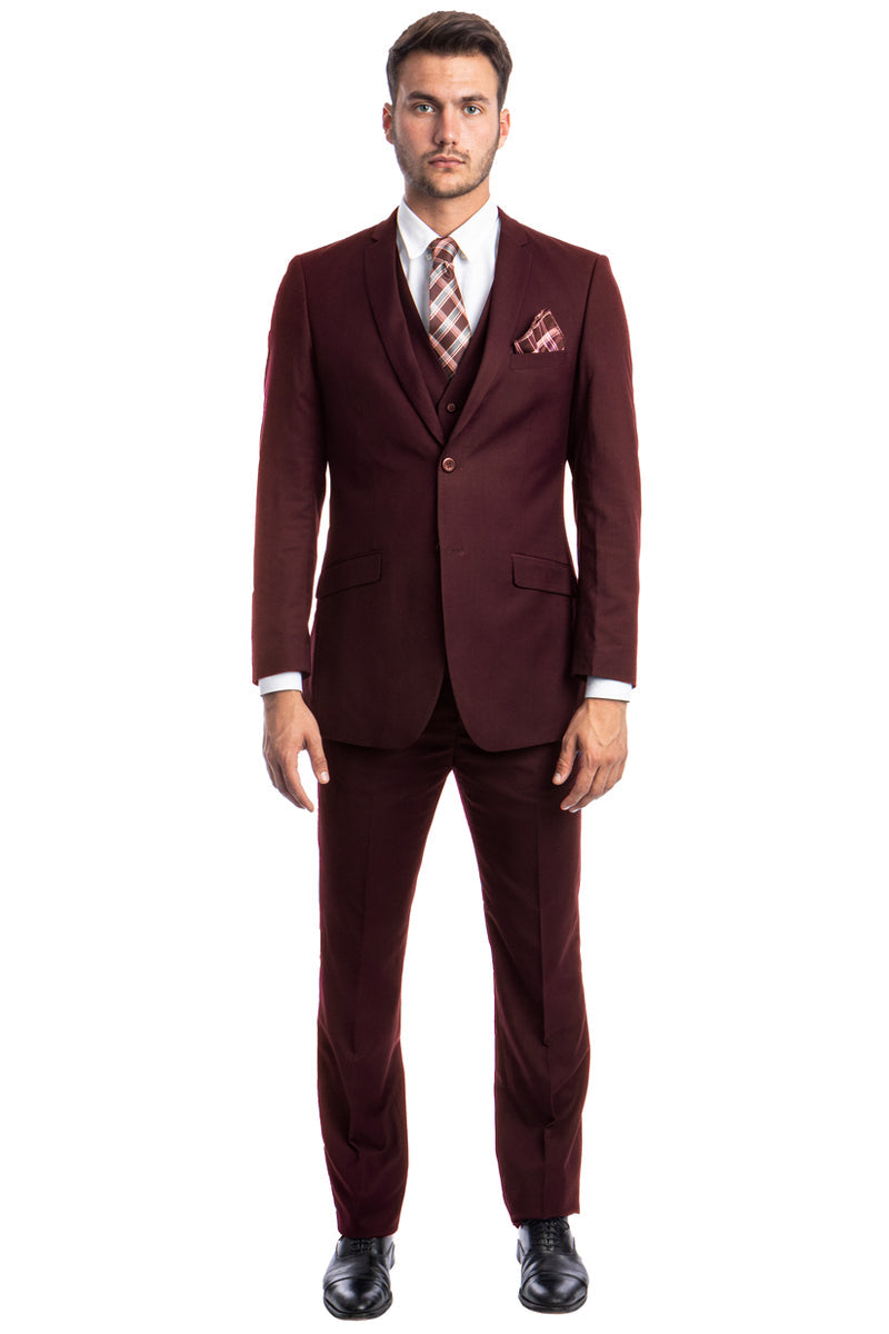 "Burgundy Slim Fit Men's Wedding Suit - Two Button Basic Vested"
