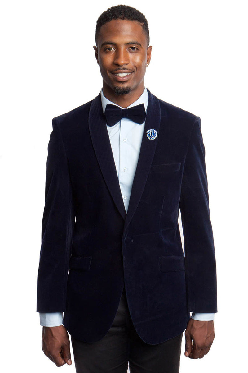 "Men's Slim Fit Velvet Dinner Jacket - Navy  Shawl Lapel" - 40 Short