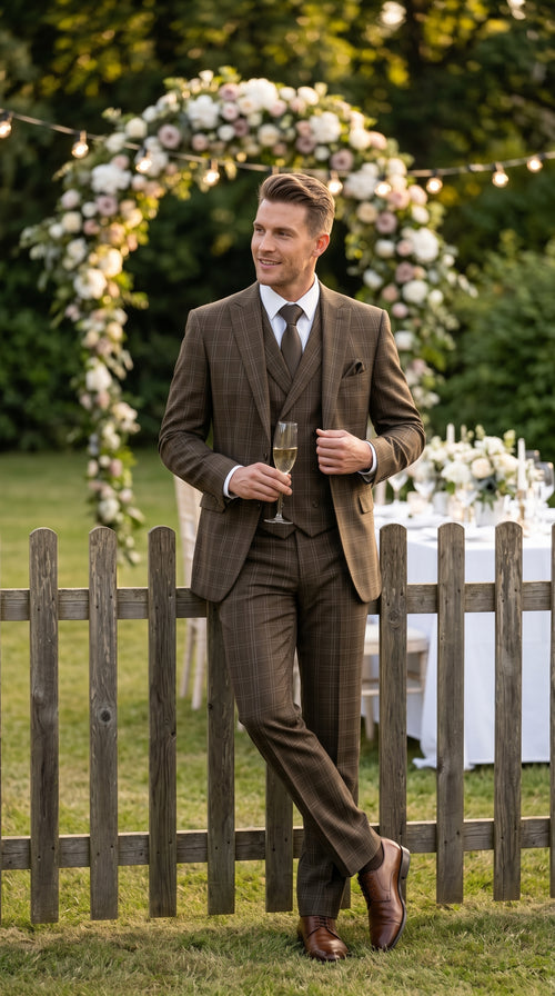 Men’s Brown Windowpane Plaid 3 Piece Suit, Double Breasted Vest Formal Wedding Business Suit