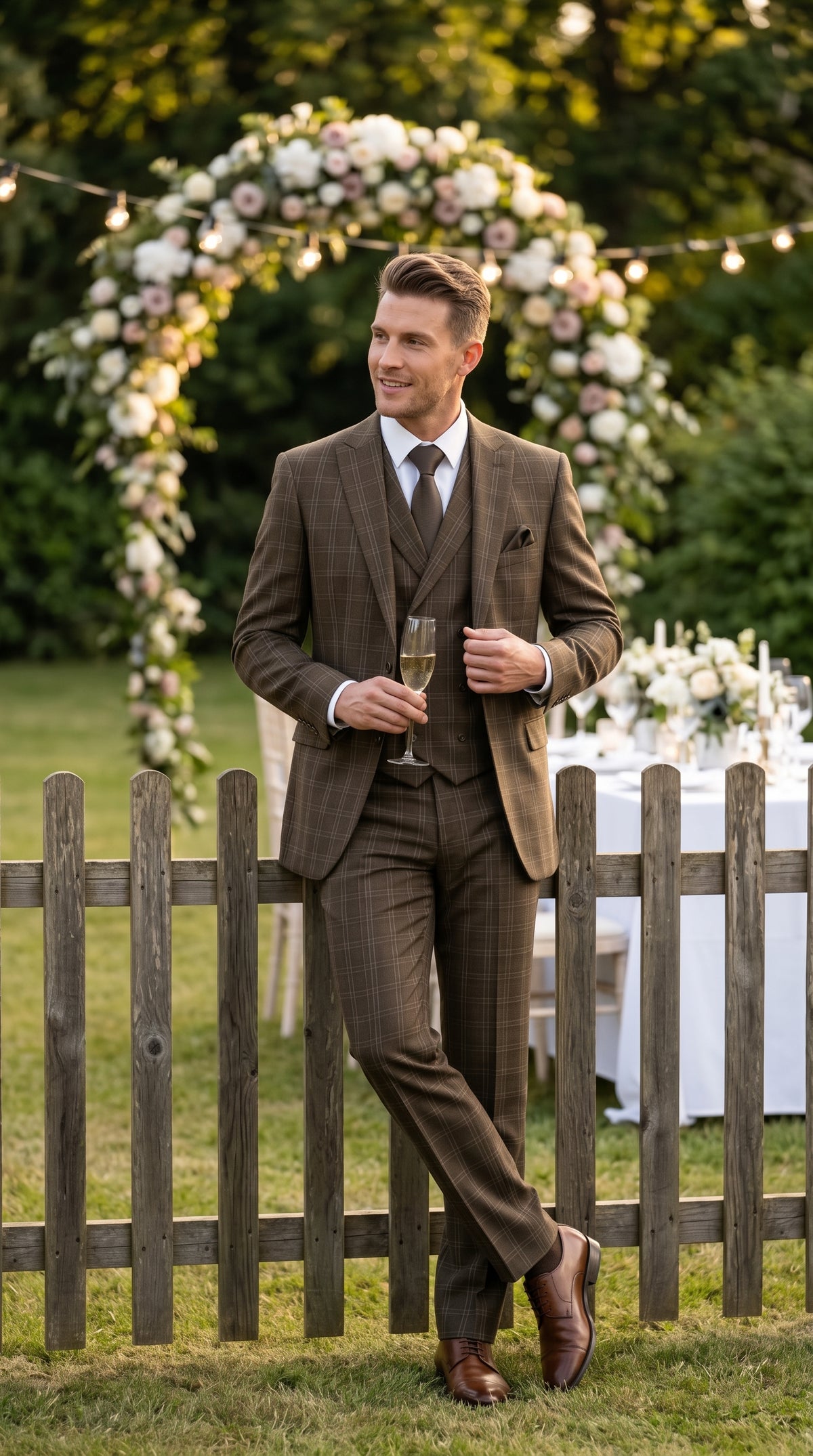 Men’s Brown Windowpane Plaid 3 Piece Suit, Double Breasted Vest Formal Wedding Business Suit