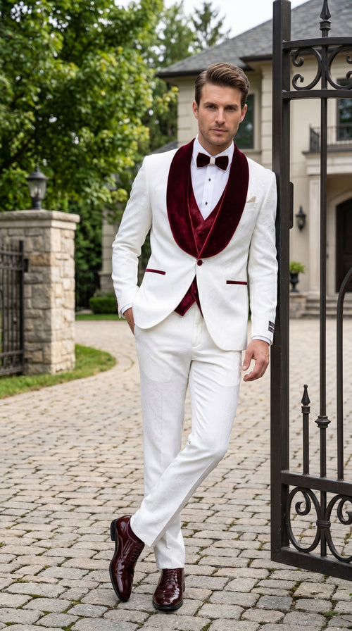 Men’s Gianni White and Burgundy Velvet Lapel 3 Piece Tuxedo, Formal Wedding Prom Suit