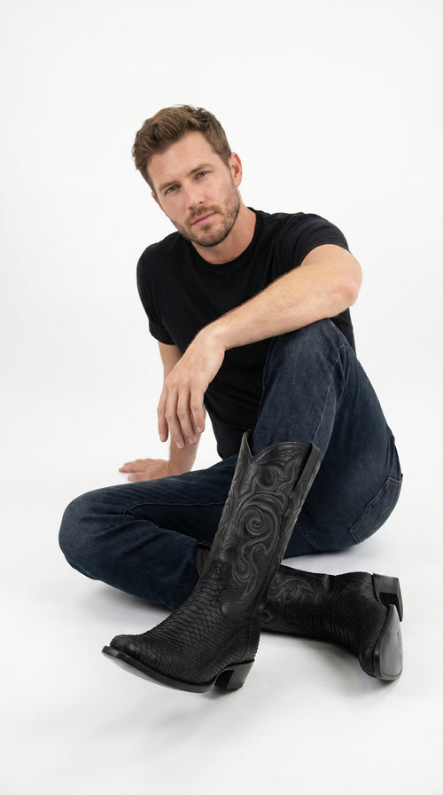 Men’s Black Python Cowboy Boots with Western Stitching, Exotic Style Dress Boots