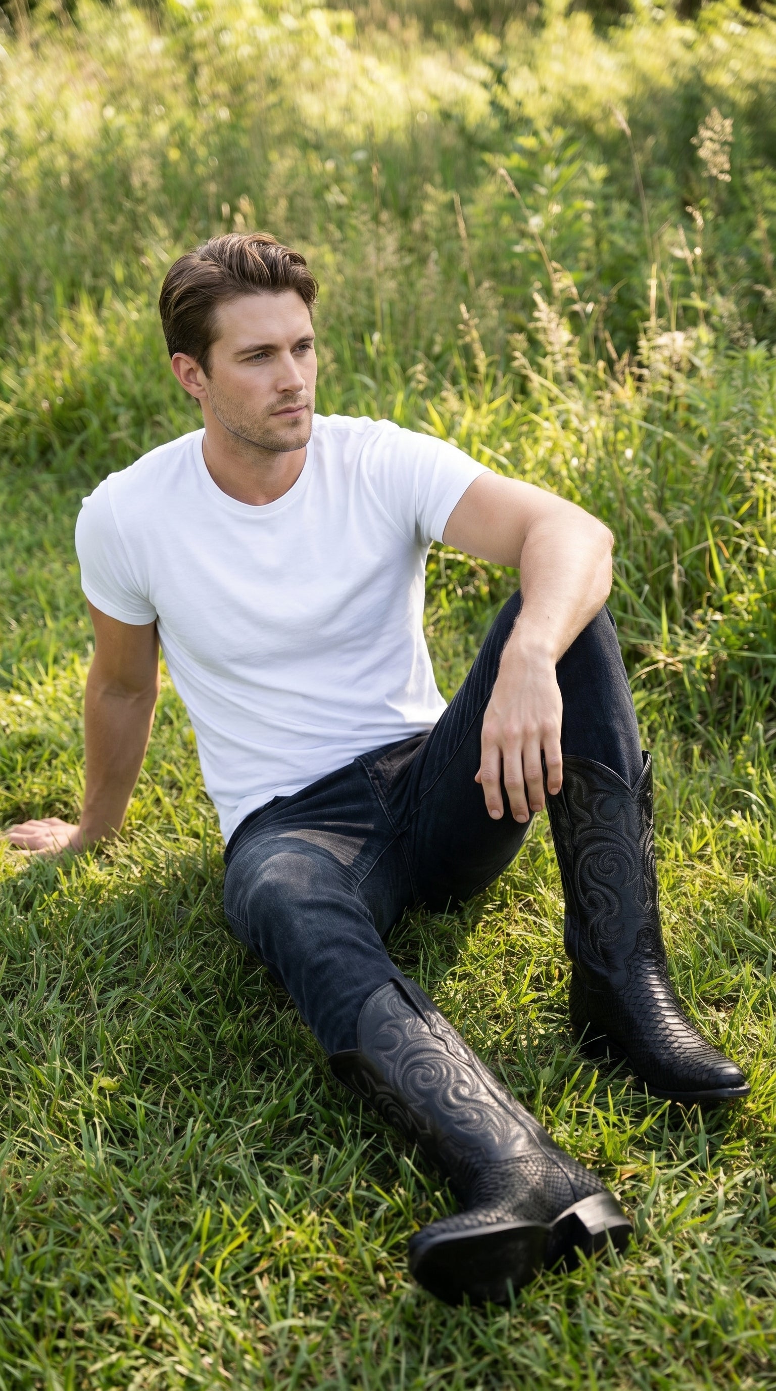 Men’s Black Python Cowboy Boots with Western Stitching, Exotic Style Dress Boots
