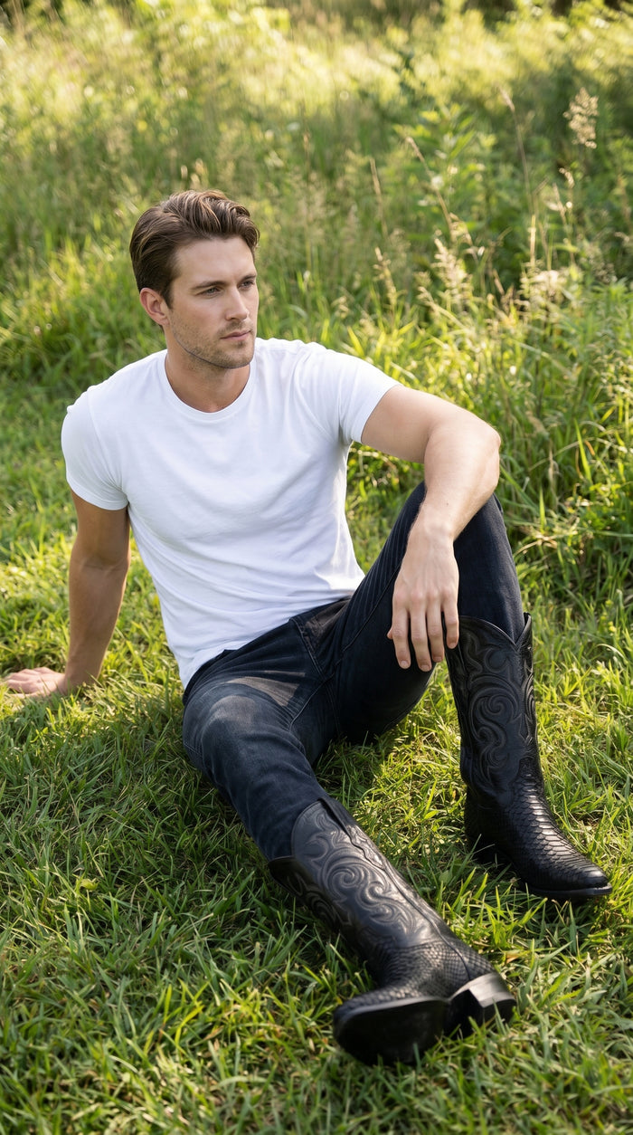 Men’s Black Python Cowboy Boots with Western Stitching, Exotic Style Dress Boots