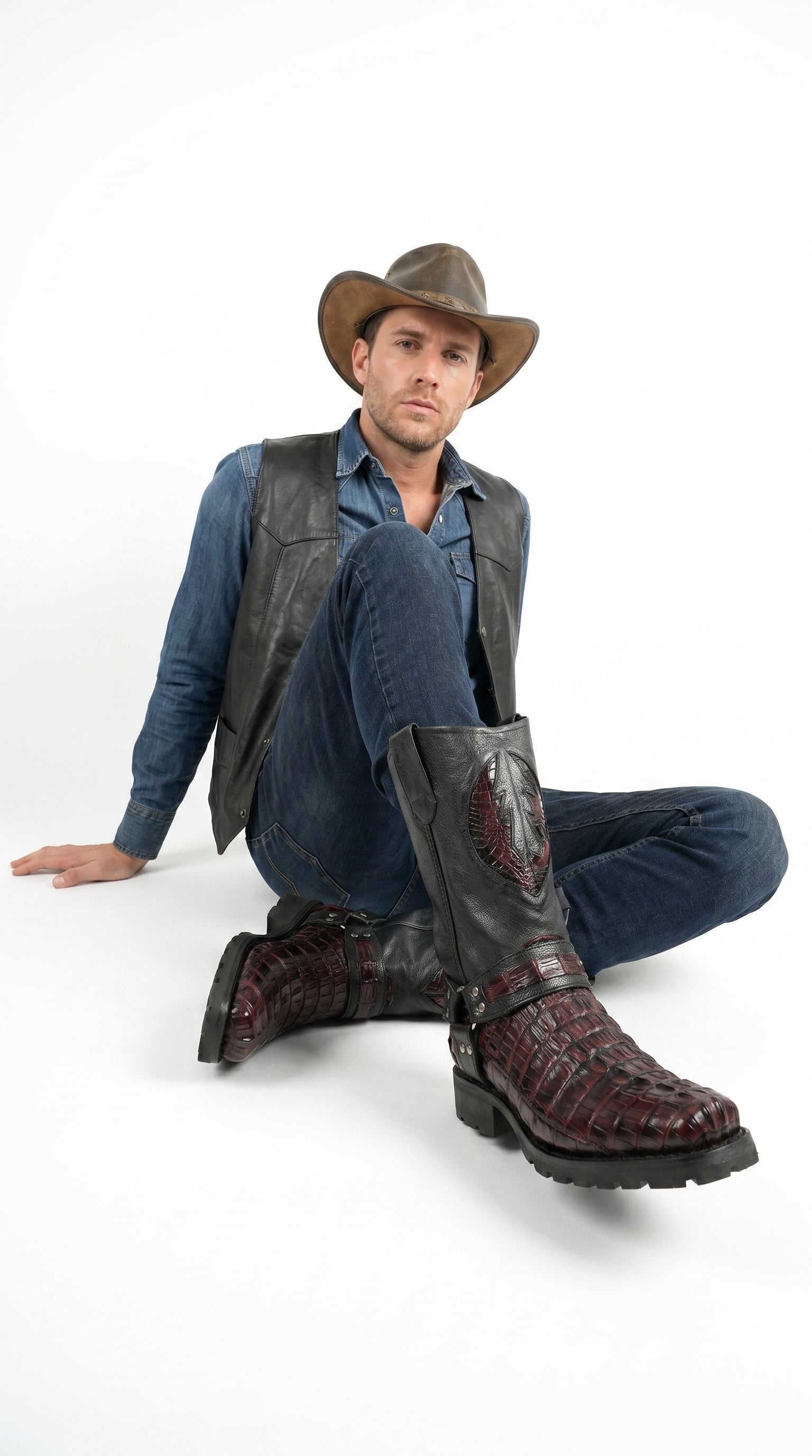 Men’s Los Altos Black and Burgundy Caiman Tail Skin Biker Boots, Exotic Western Motorcycle Boots