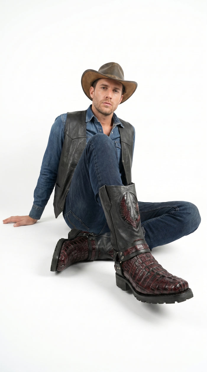 Men’s Los Altos Black and Burgundy Caiman Tail Skin Biker Boots, Exotic Western Motorcycle Boots