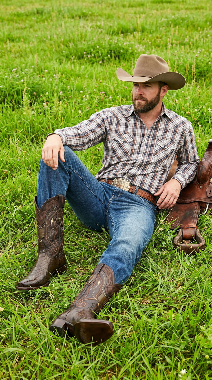 Men’s Wild West Burnished Brown Teju Lizard Square Toe Cowboy Boots, Genuine Leather Dress Western Boots