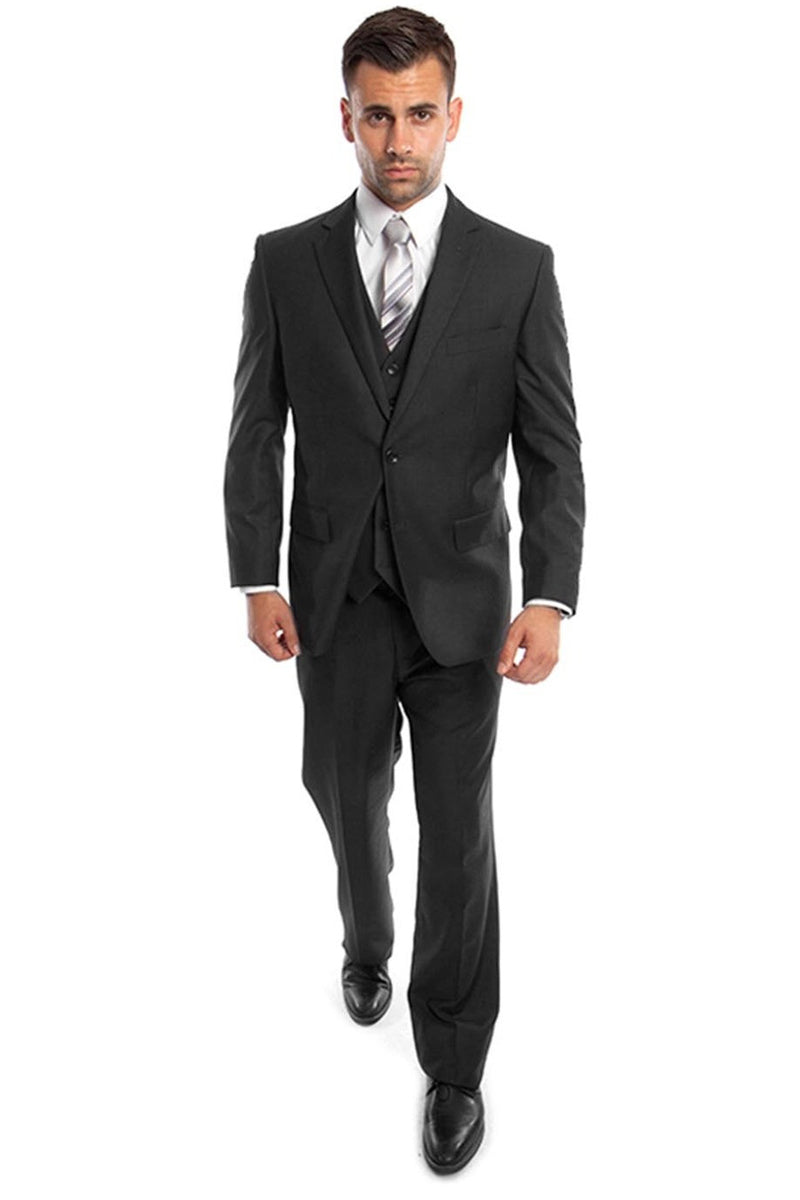"Black Men's Wedding & Business Suit - Vested Two Button Solid Color" - 34 Short