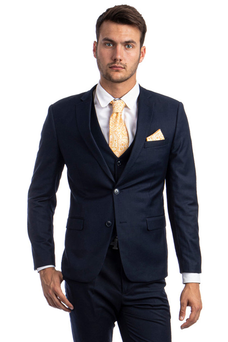 Navy Blue Men's Slim Fit Two Button Vested Suit - Solid Basic Color - 34 Short
