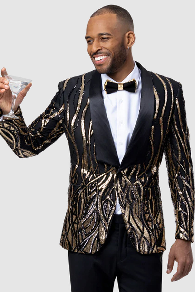 "Black & Gold Sequin Prom Tuxedo Jacket with Square Shawl Lapel for Men"