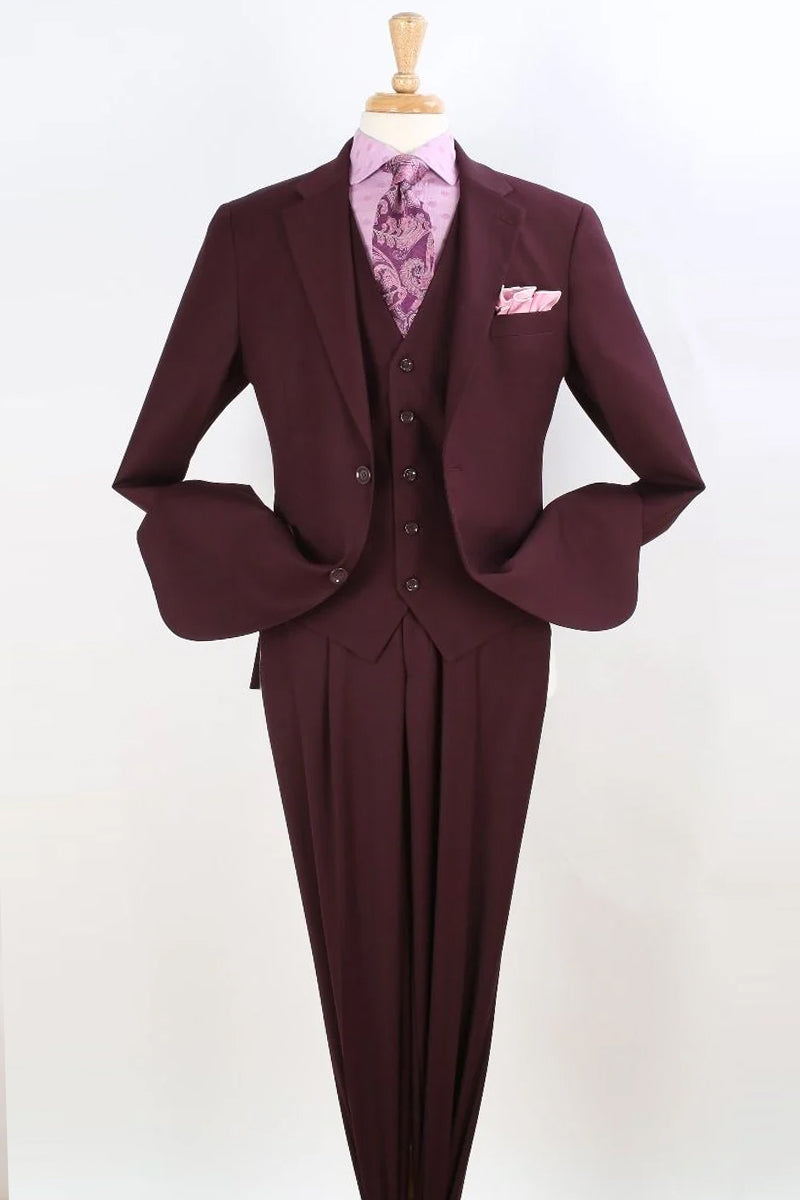 "Burgundy Classic Fit Vested Suit - Men's Two Button Pleated Pant" - 40 Short