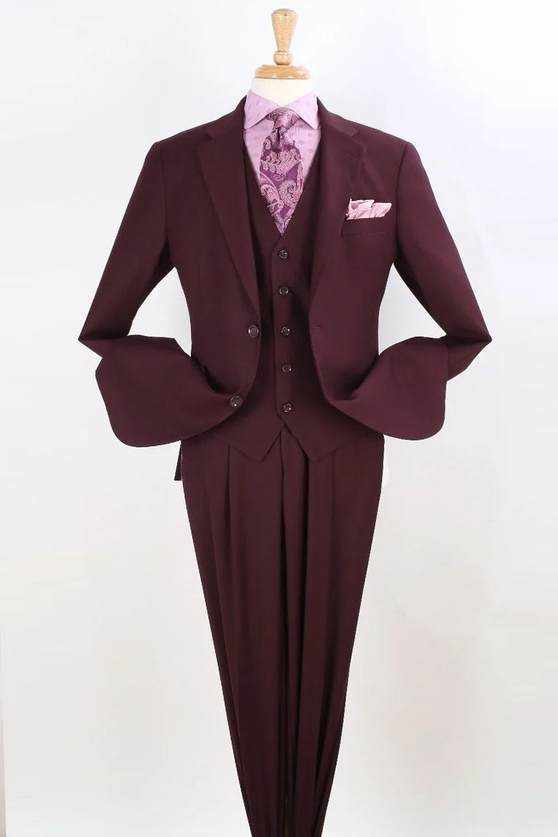 "Burgundy Classic Fit Vested Suit - Men's Two Button Pleated Pant"